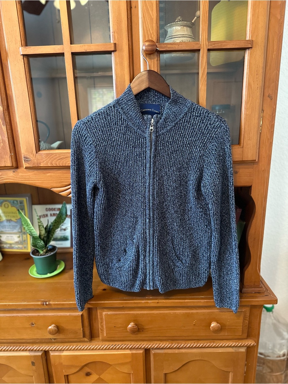 Charter Club Heather Blue Zip-Front Cable Knit Sweater